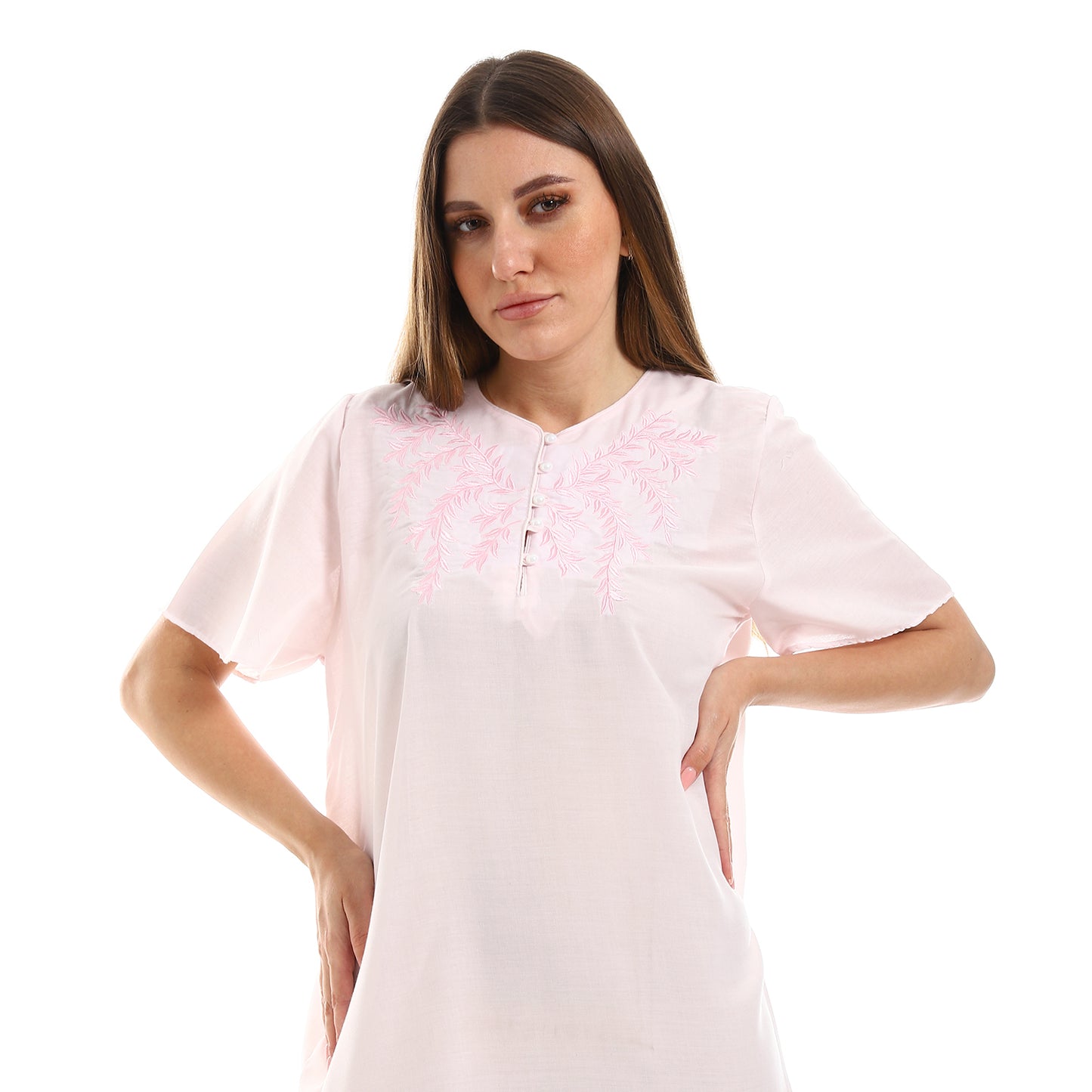 160 قميص نوم لينو نصف كم مطرز