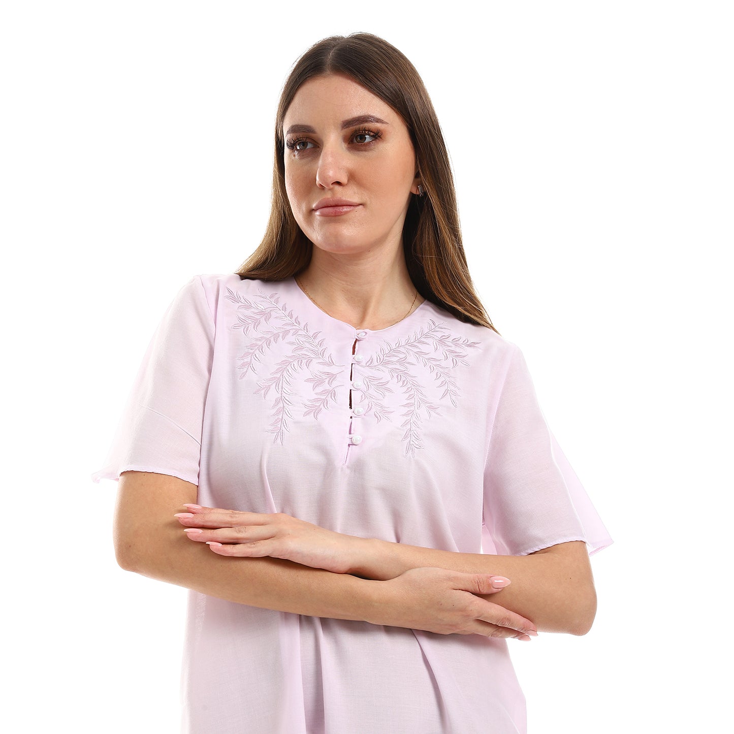 160 قميص نوم لينو نصف كم مطرز