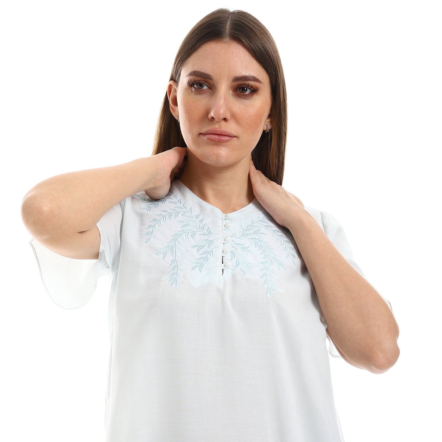 160 قميص نوم لينو نصف كم مطرز