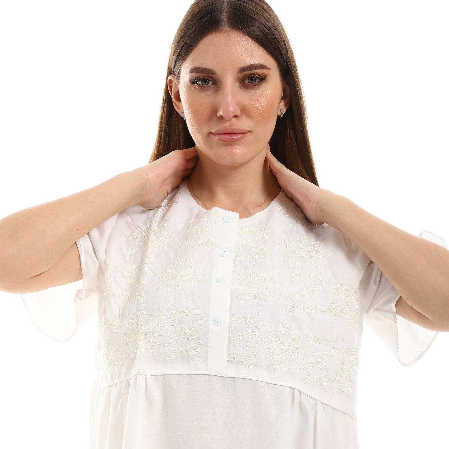 161 قميص نوم لينو بسفرة نصف كم مطرز