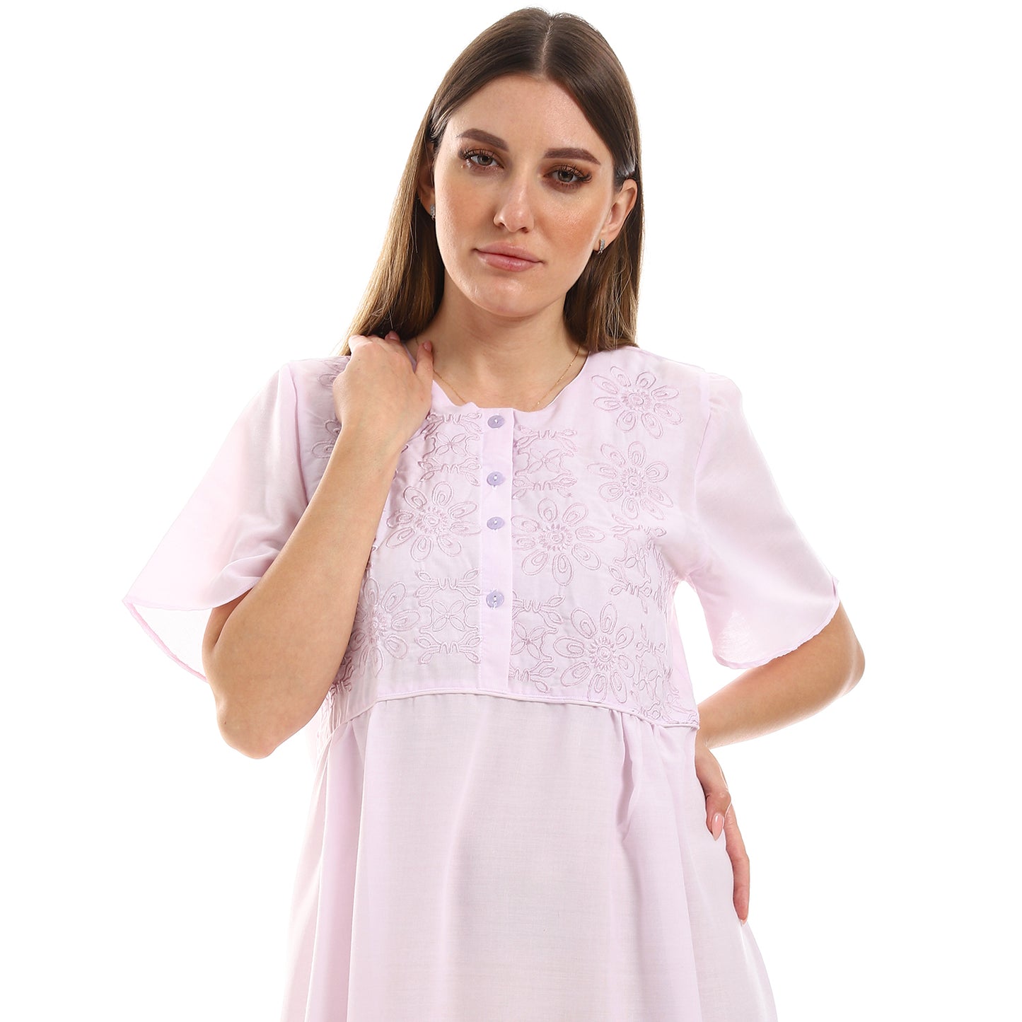 161 قميص نوم لينو بسفرة نصف كم مطرز