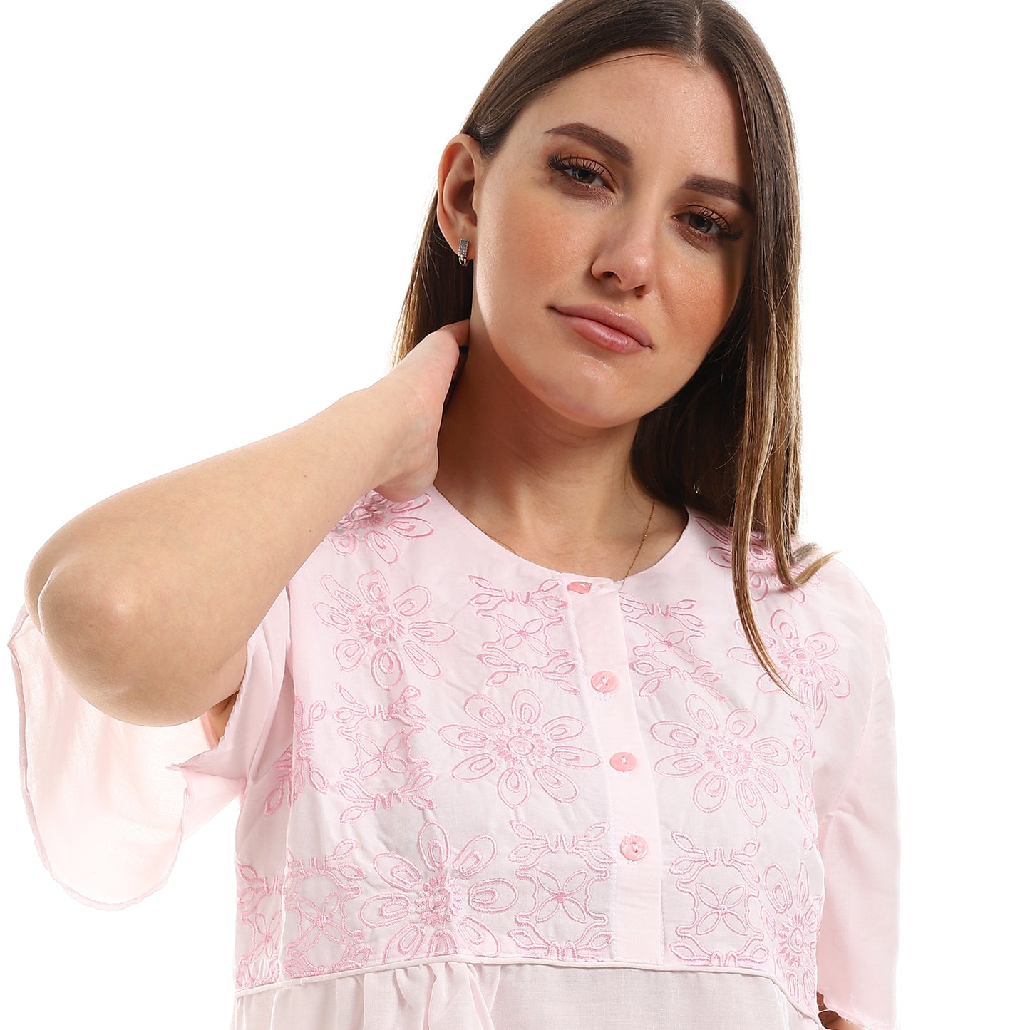 161 قميص نوم لينو بسفرة نصف كم مطرز