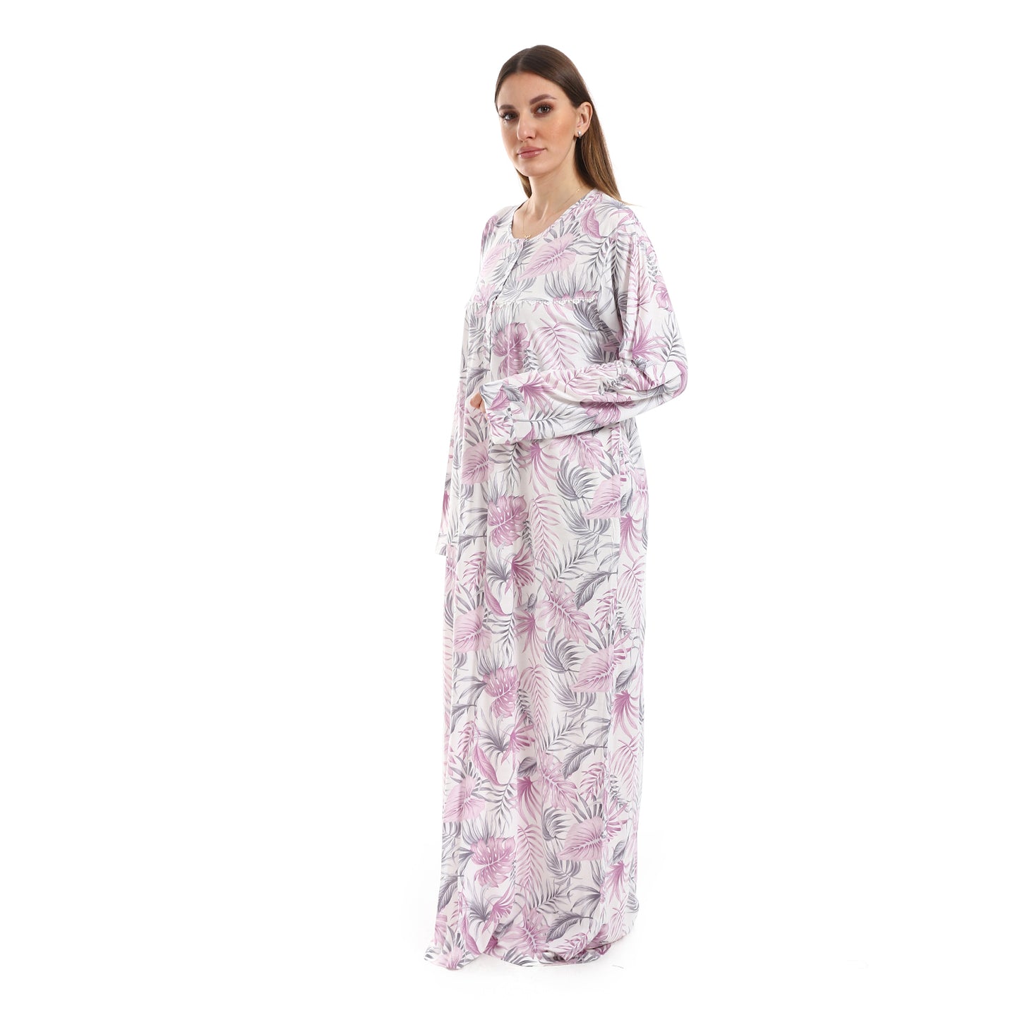 D120 قميص نوم فيسكوز مشجر كم طويل بسفرة