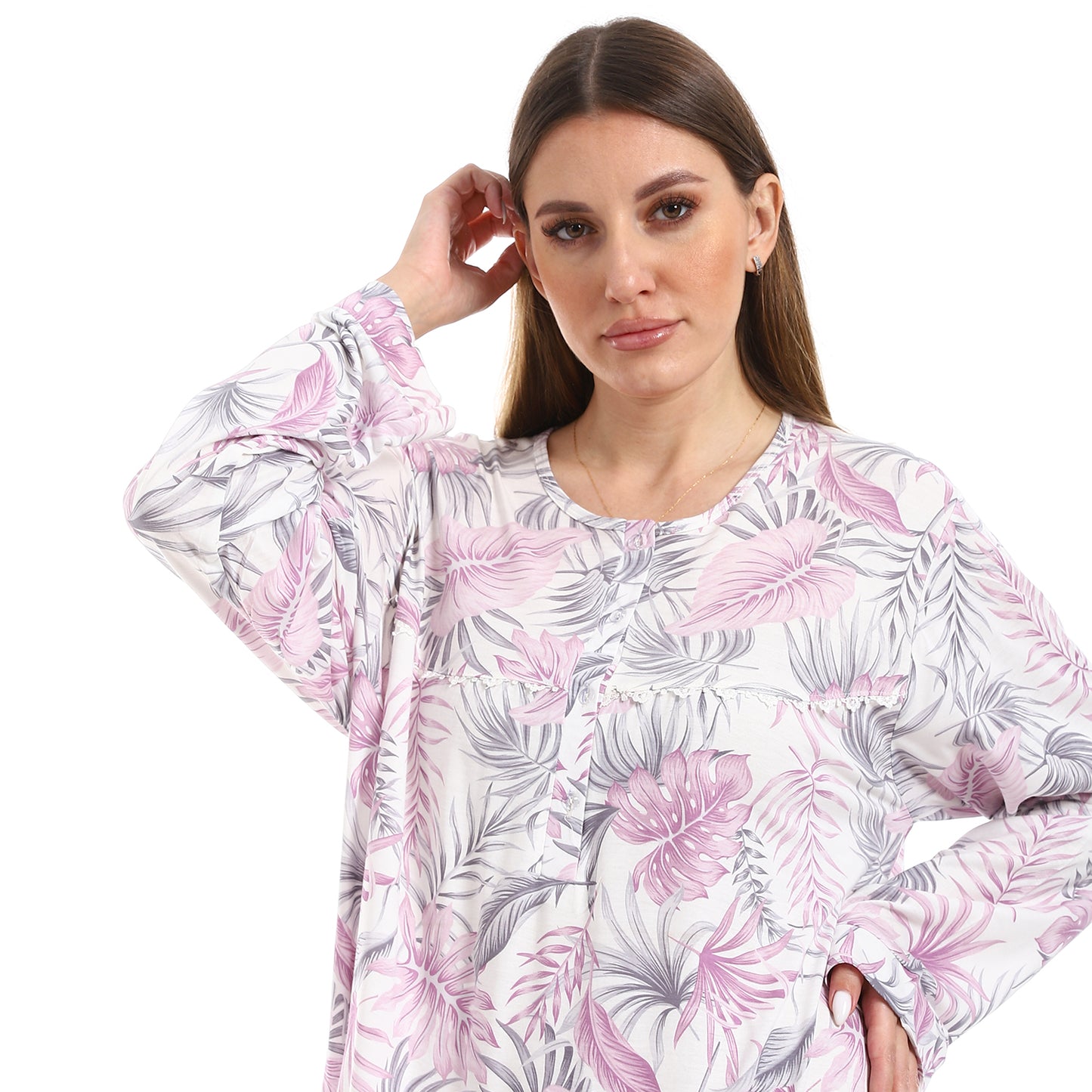 D120 قميص نوم فيسكوز مشجر كم طويل بسفرة