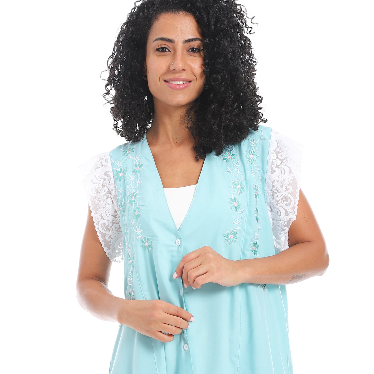 807 قميص نوم كت مطرز بالدانتيل على الكم