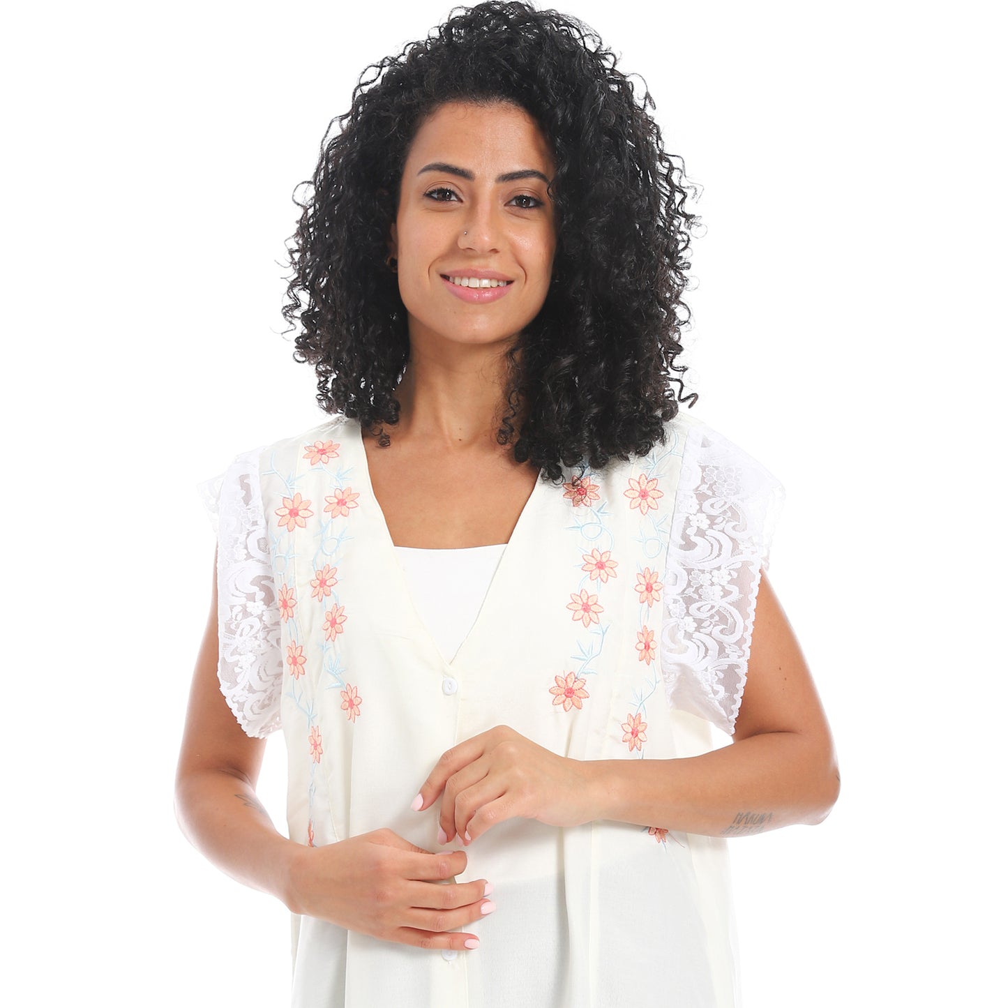 807 قميص نوم كت مطرز بالدانتيل على الكم