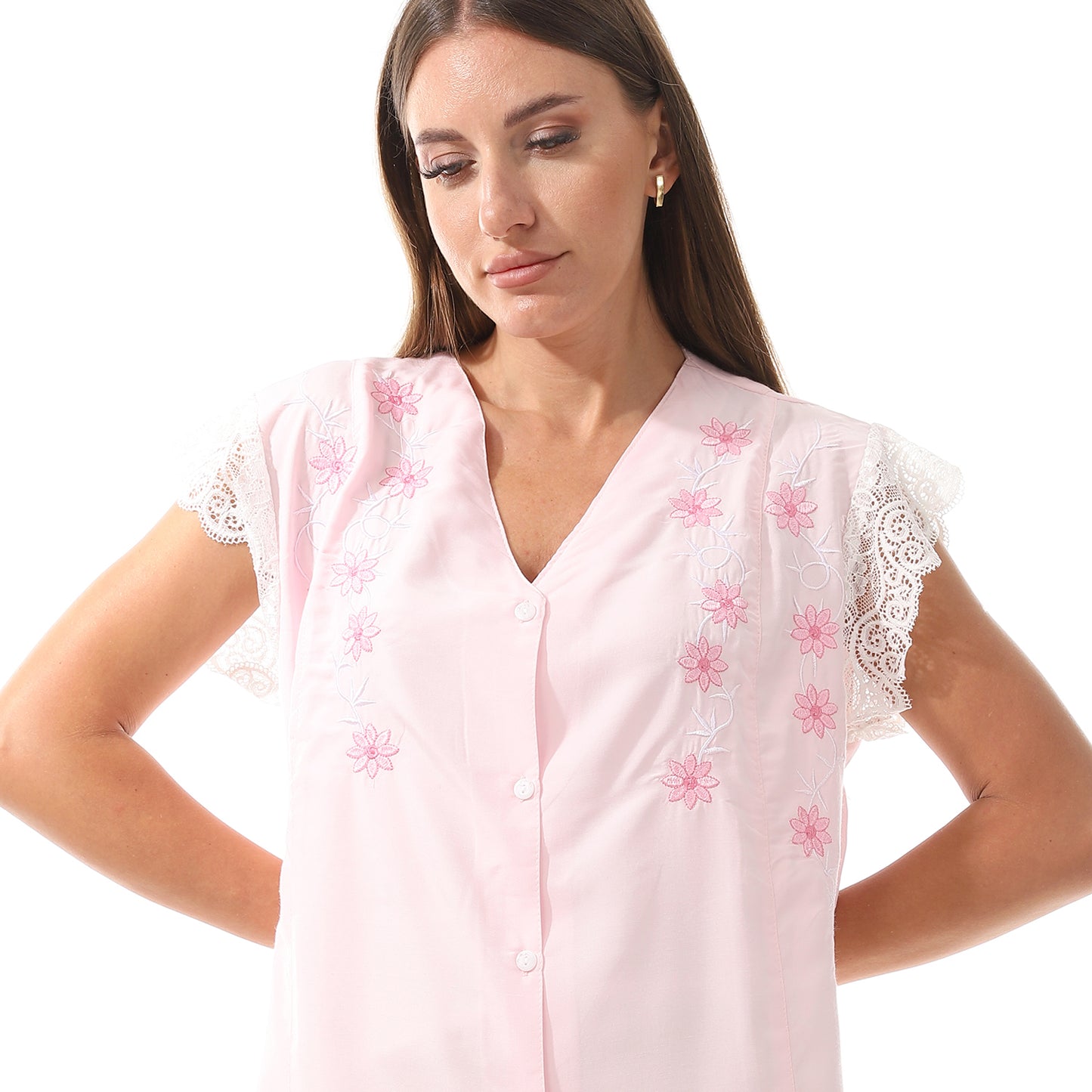 807 قميص نوم كت مطرز بالدانتيل على الكم