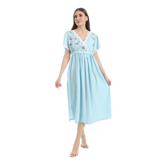 KHW813 قميص نوم قصير مطرز بالدانتيل على الكم