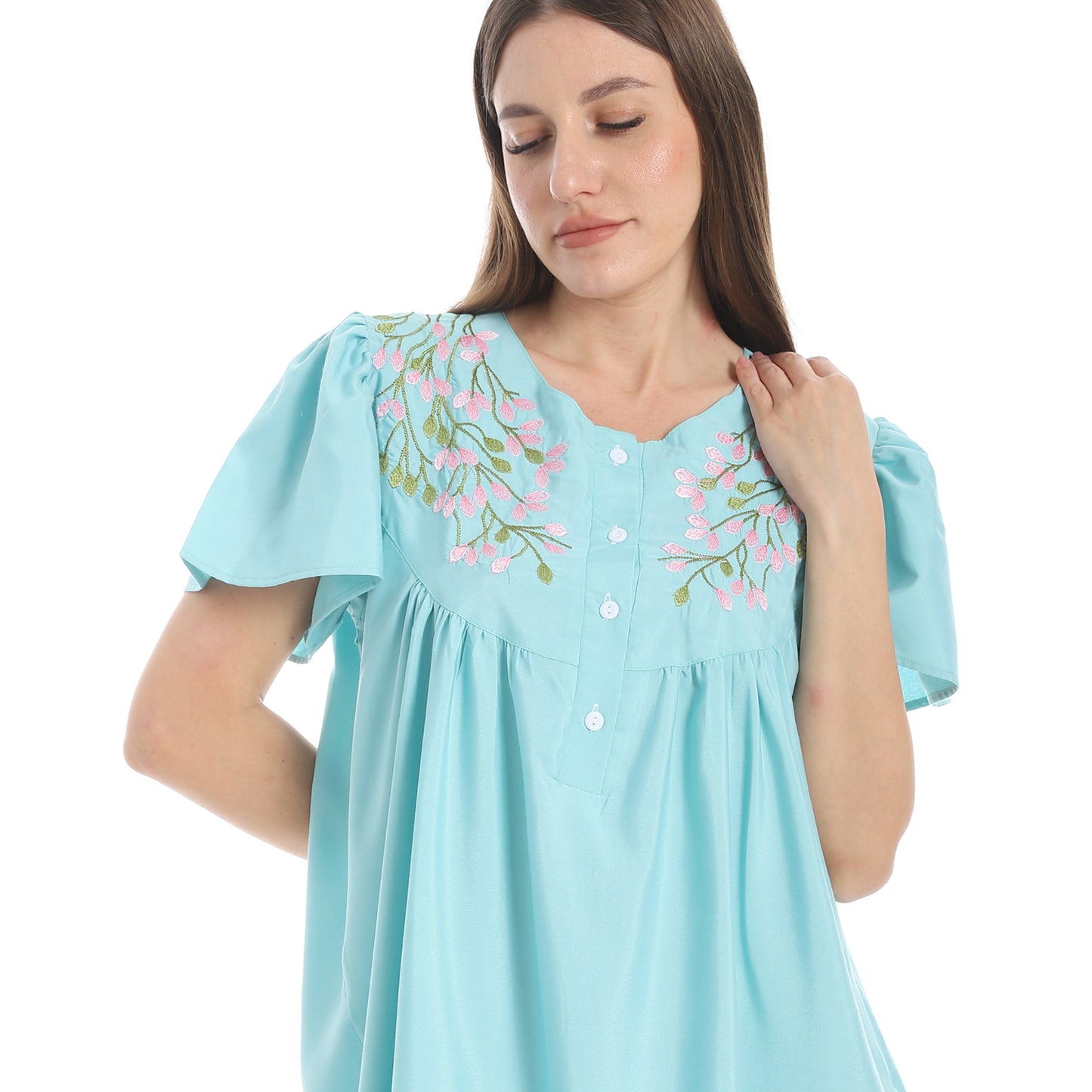 KHW 988 قميص نوم قصير مطرز بسفرة