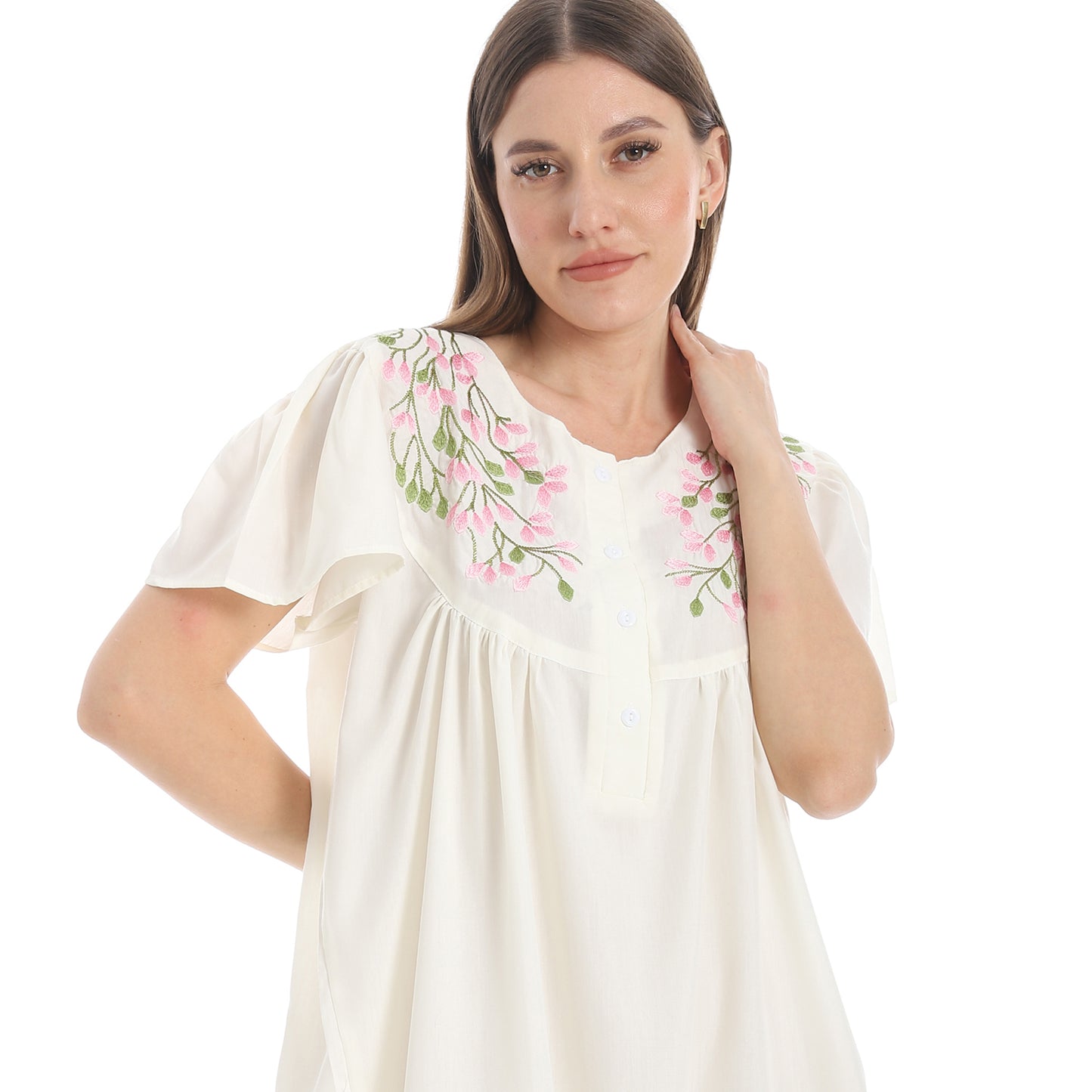 KHW 988 قميص نوم قصير مطرز بسفرة