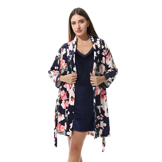 1009 طقم قميص نوم بالروب شتوي قطيفة