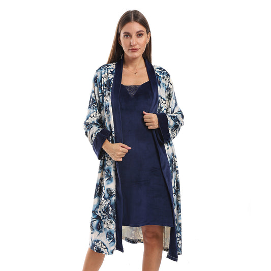 1561 طقم قميص نوم بالروب شتوي مشجر