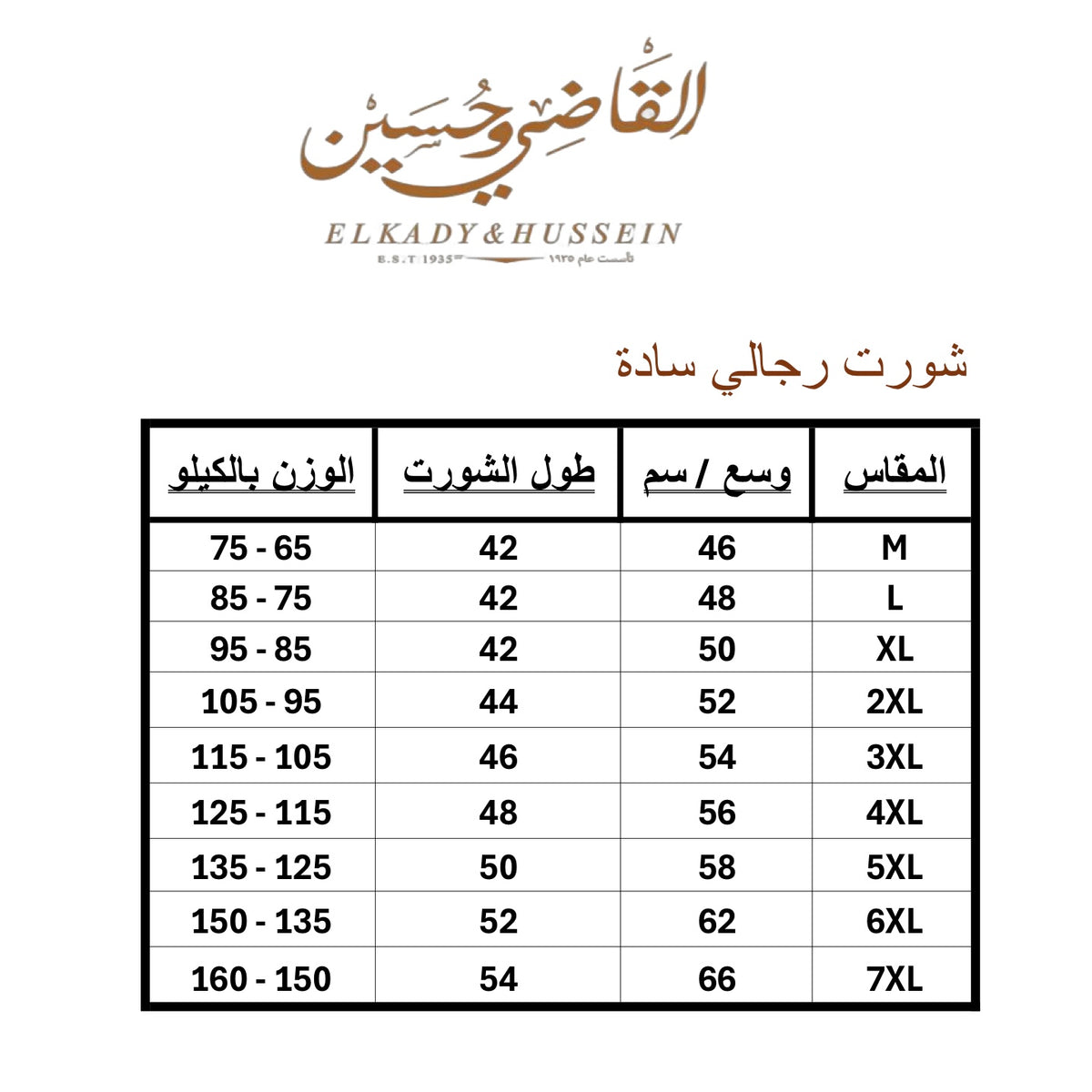 (شورت رجالي سادة (باك 3 قطعة Size Chart