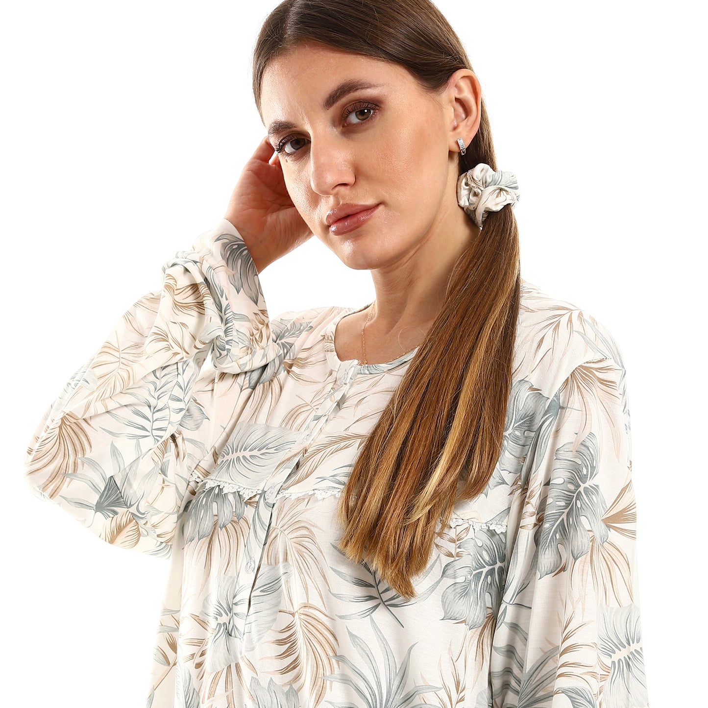 D120 قميص نوم فيسكوز مشجر كم طويل بسفرة