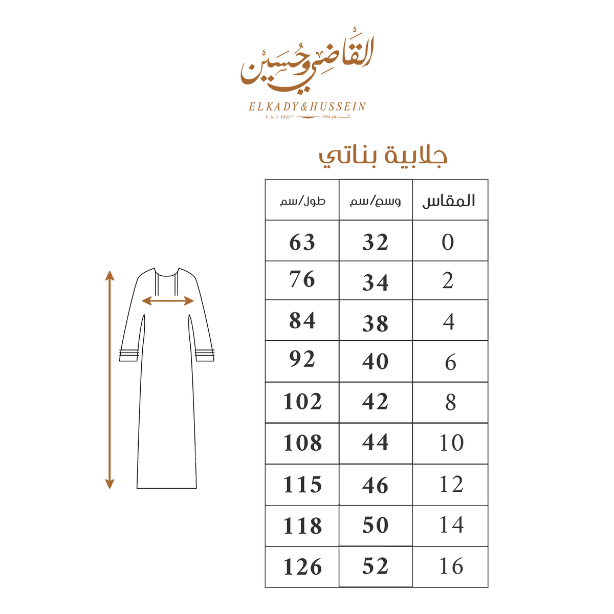 جلابية بناتي Size Chart