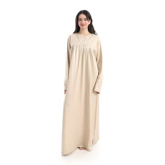 D108-S26 قميص نوم خريفي ستان قطن مطرز بسفرة