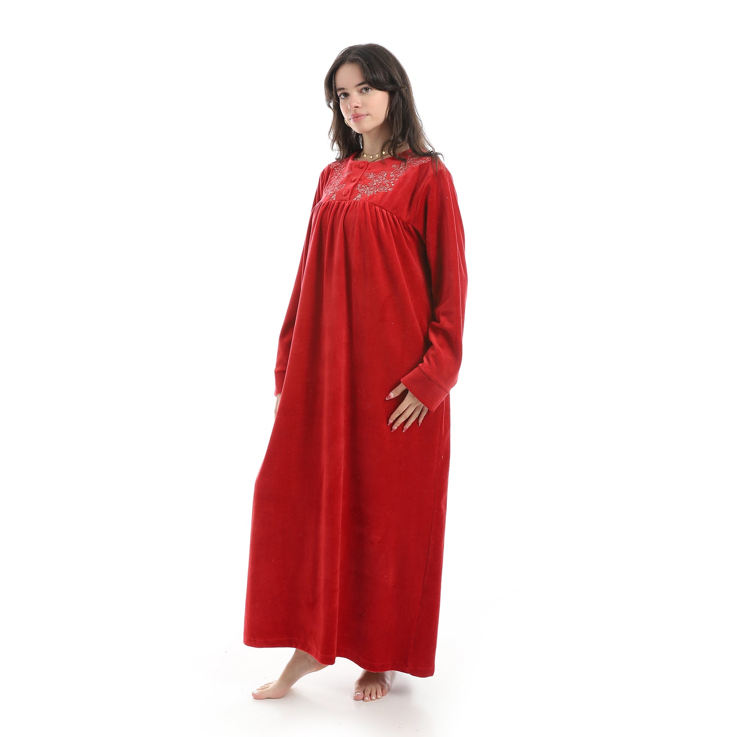 D17-W26 قميص نوم قطيفة مطرز بسفرة