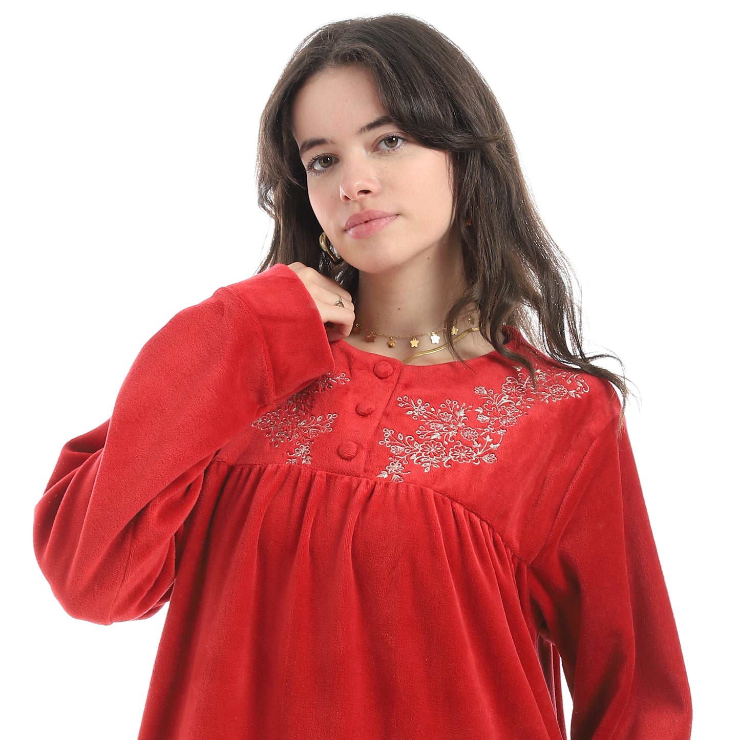 D17-W26 قميص نوم قطيفة مطرز بسفرة