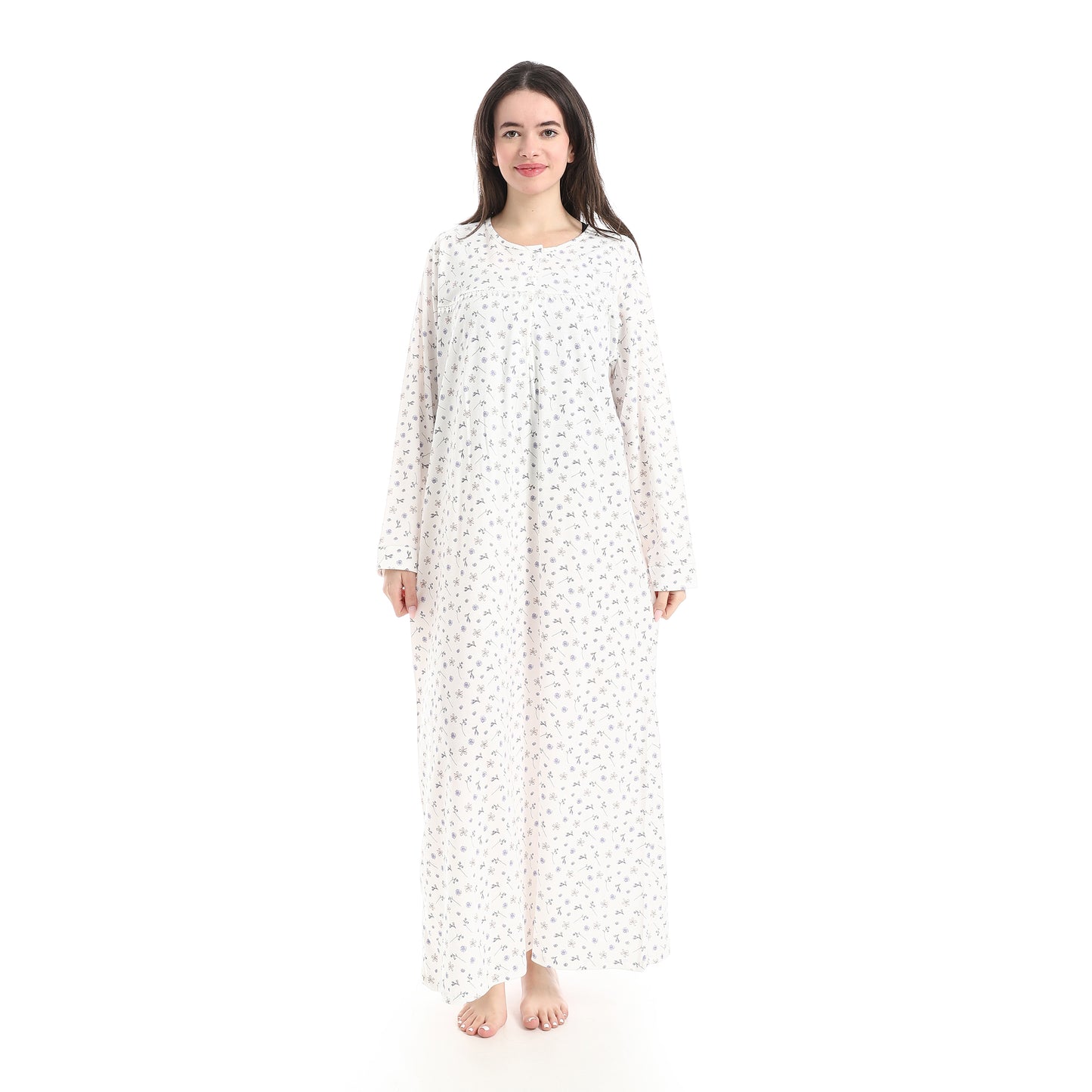 D21-S26 قميص نوم قطن كم طويل مشجر