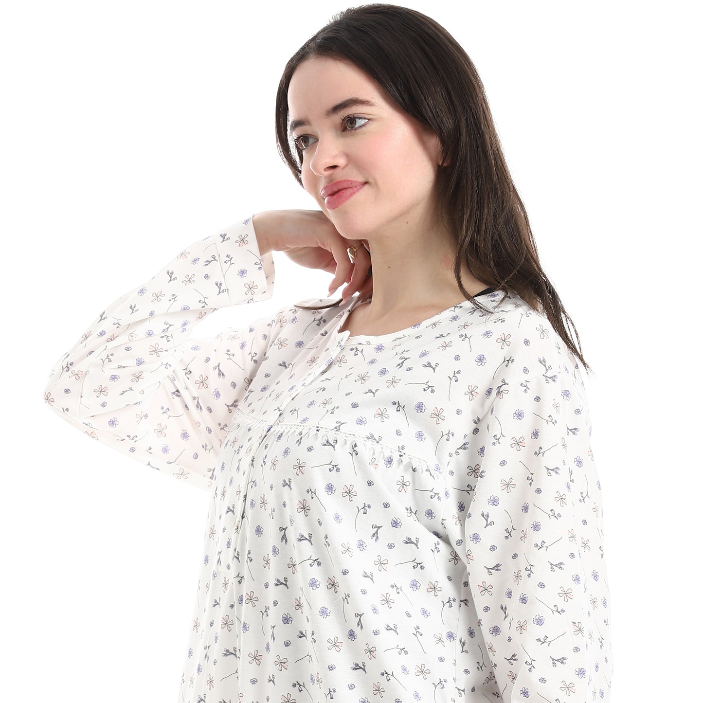 D21-S26 قميص نوم قطن كم طويل مشجر