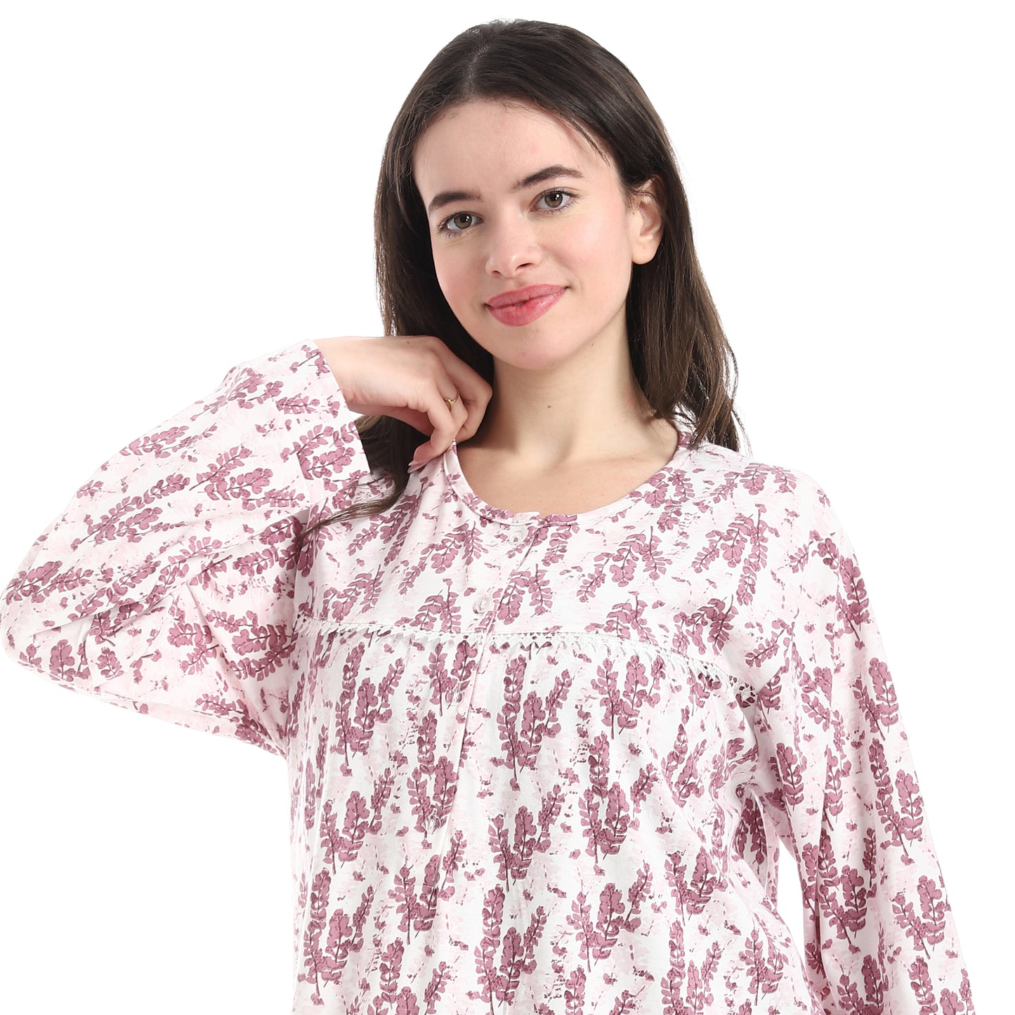 DB31-S26 قميص نوم قطن كم طويل مشجر