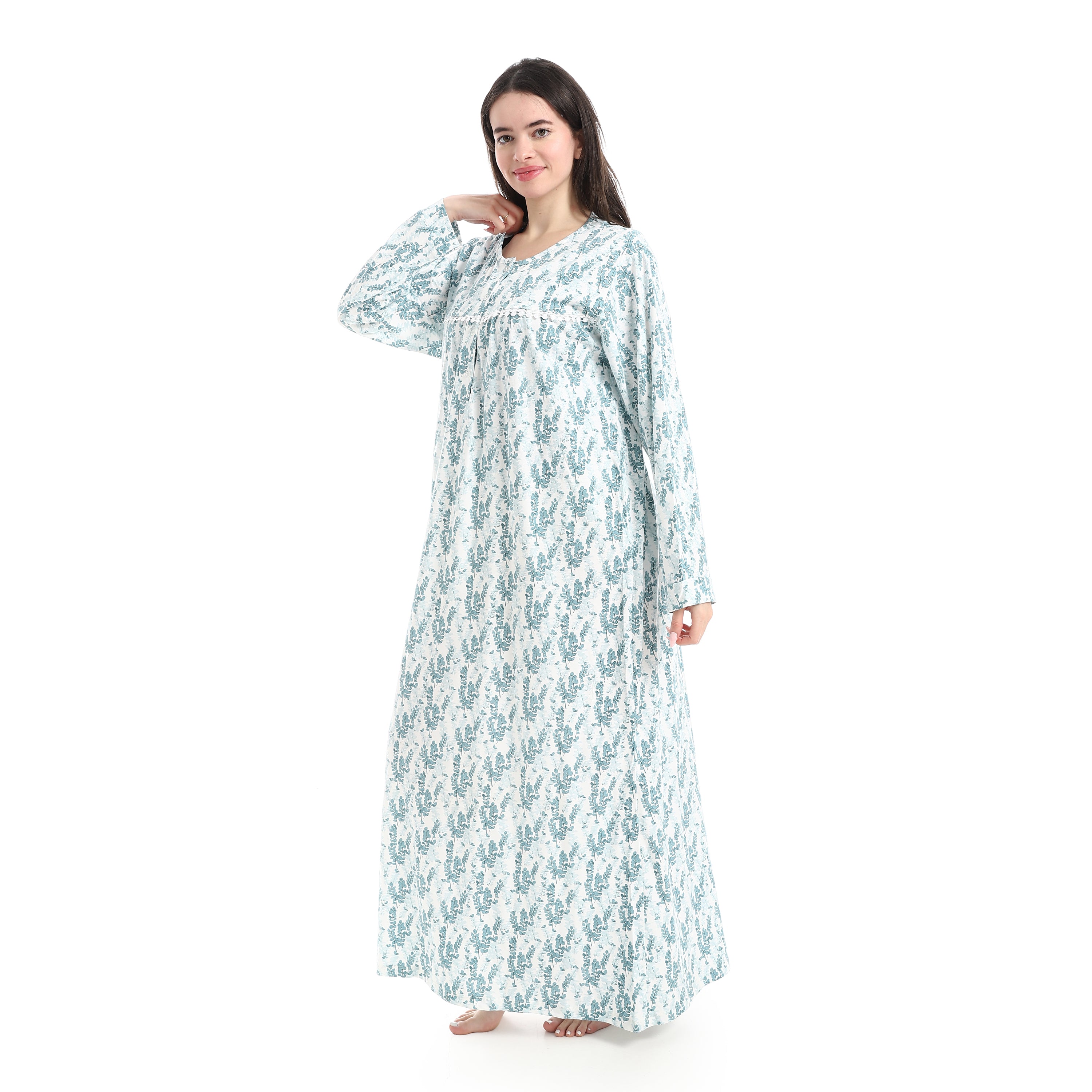 D31-S26 قميص نوم قطن كم طويل مشجر