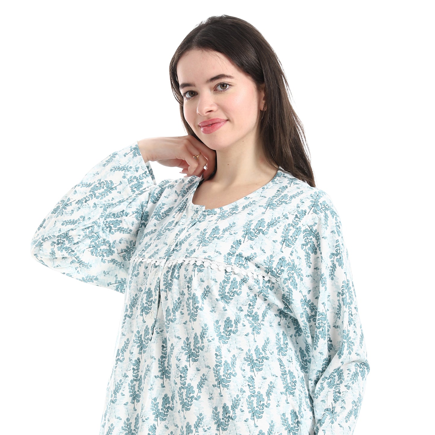 D31-S26 قميص نوم قطن كم طويل مشجر