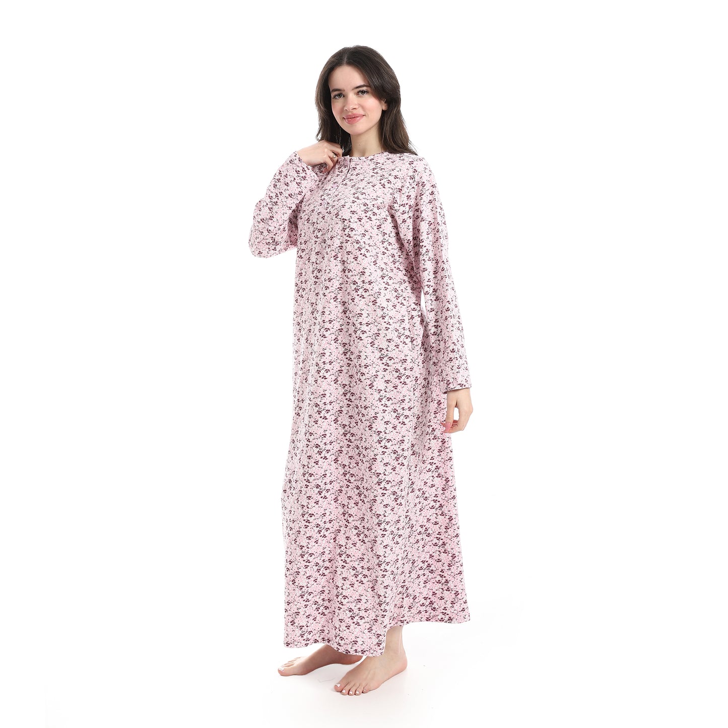 D57-S26 قميص نوم قطن كم طويل مشجر