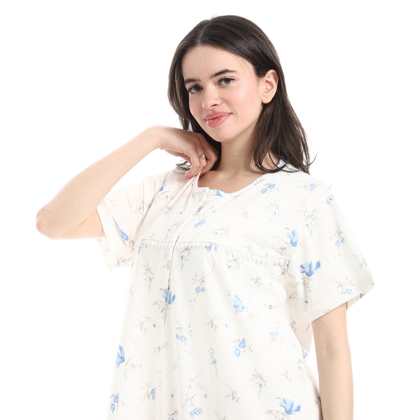 DB62-S26 قميص نوم قطن  نصف كم  مشجر بسفرة