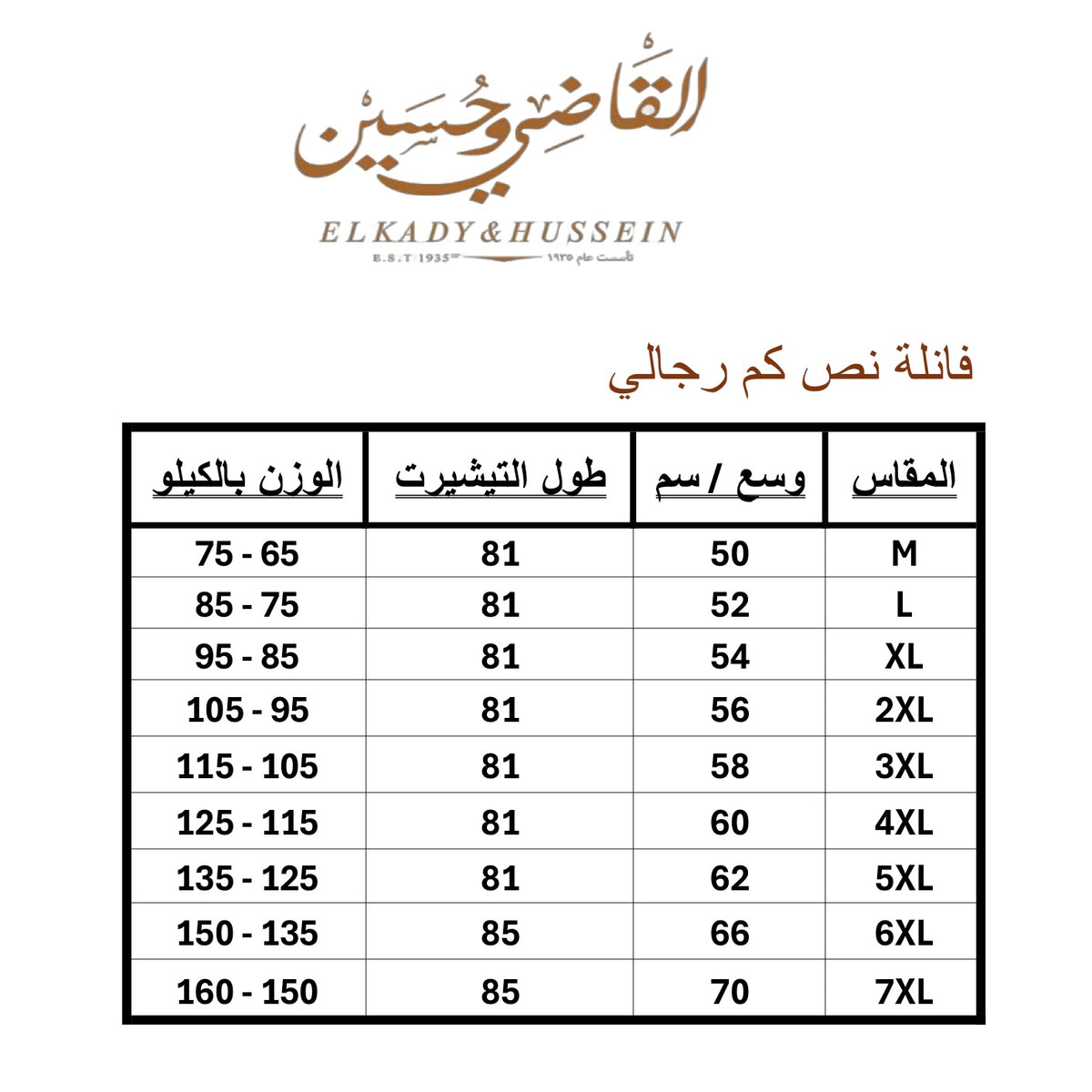 (فانلة نصف كم رجالي برقبة عالية (باك 3 قطعة Size Chart