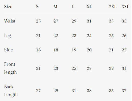 سليب سادة ألوان شارمين Size Chart