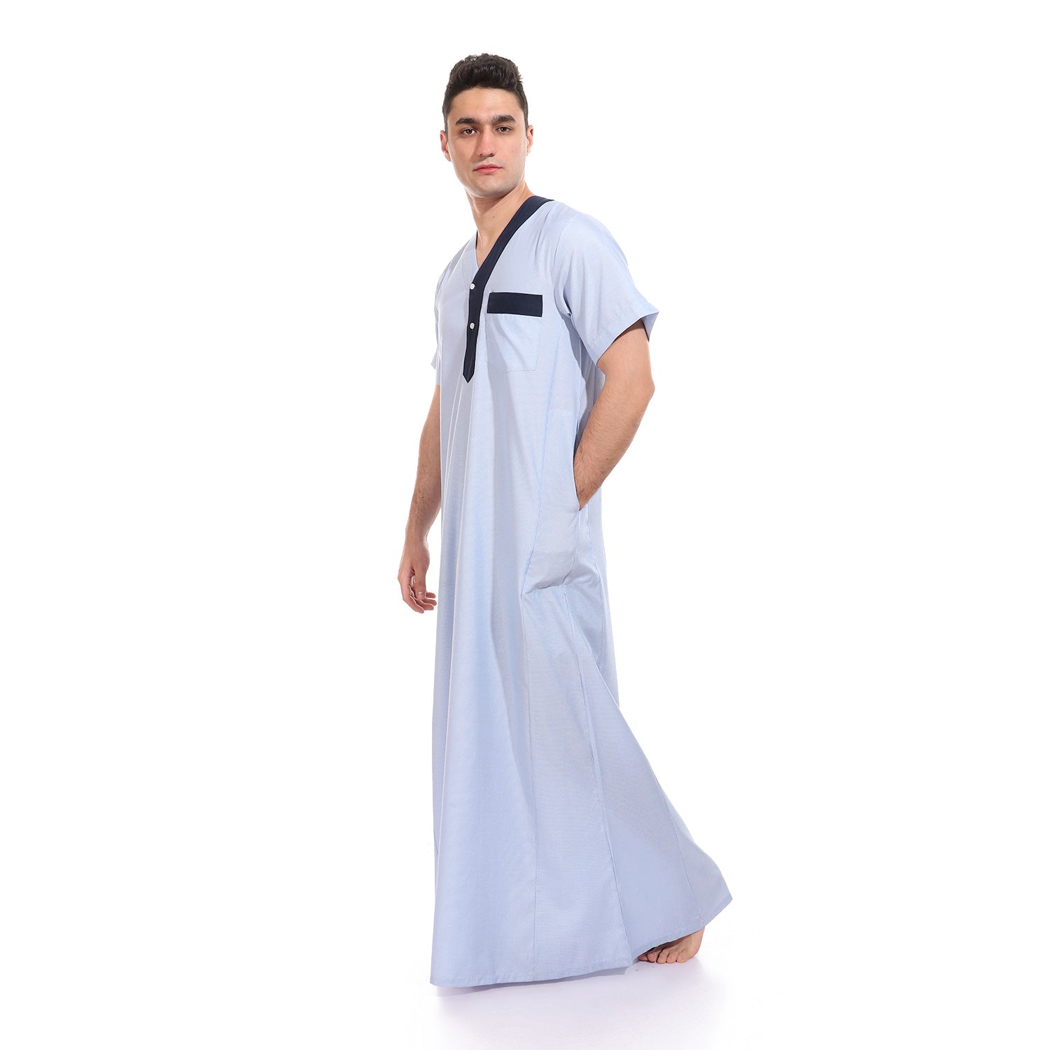 KHM7041 جلابية رجالي مقلمة بندة سادة